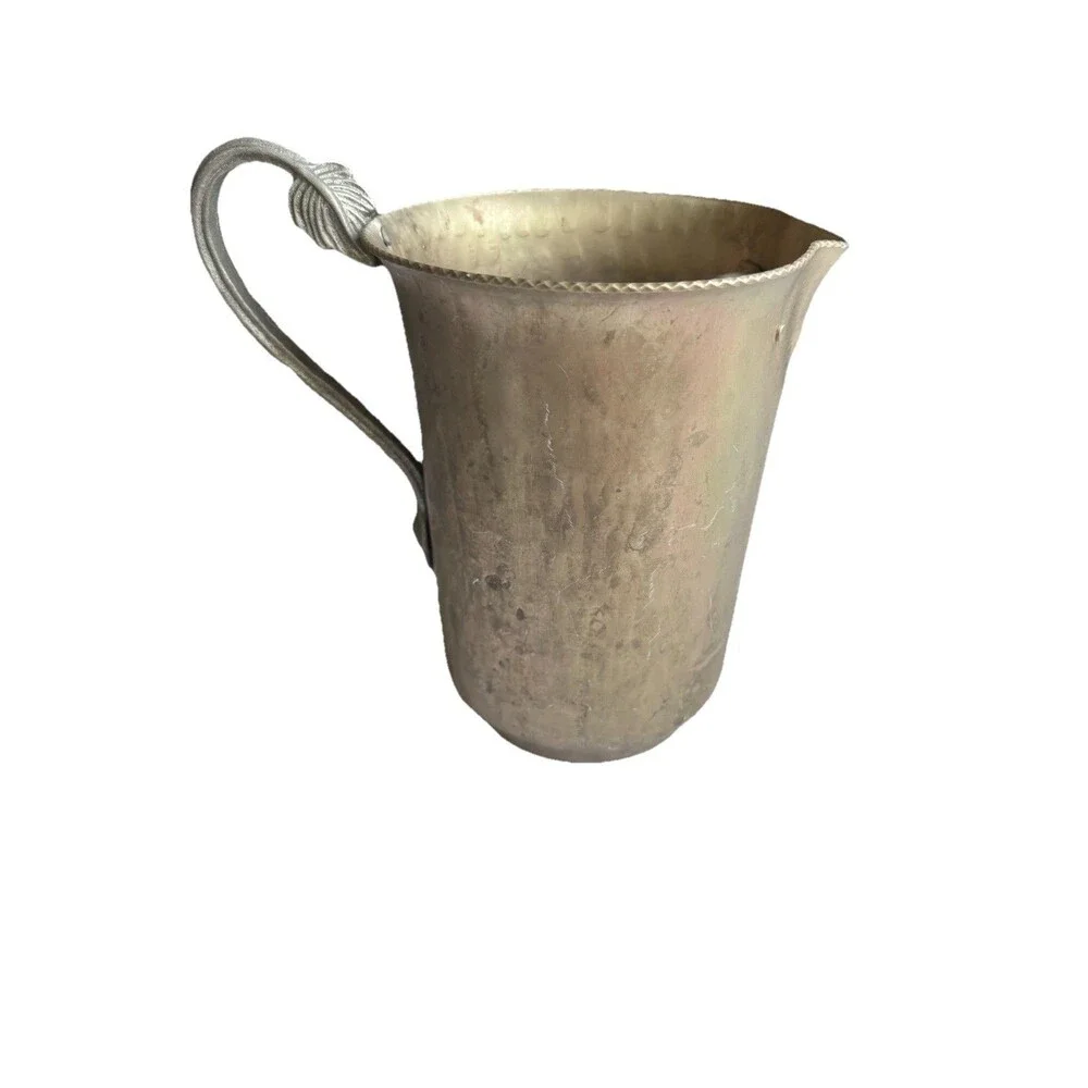 Vintage Hammered Aluminum Pitcher Leaf Pattern Handle With Ice Catcher